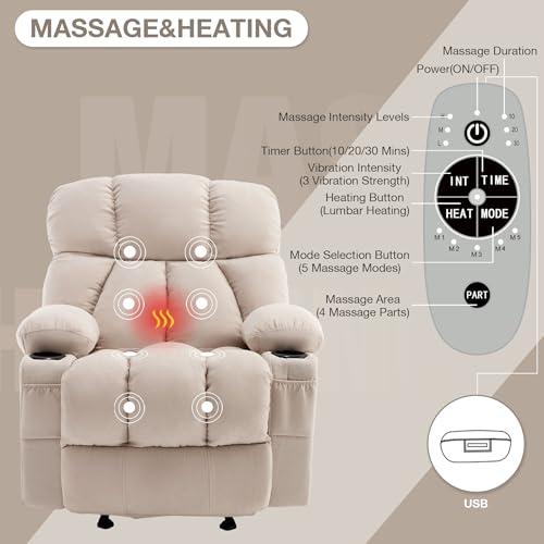 Massage Rocker Recliner Chair with Heat and Vibration Ergonomic Rocking Lounge Chair for Living Room Comfy Overstuffed Recliner with 4 Side Pockets,2 Cup Holders, USB Charge Port, Grey