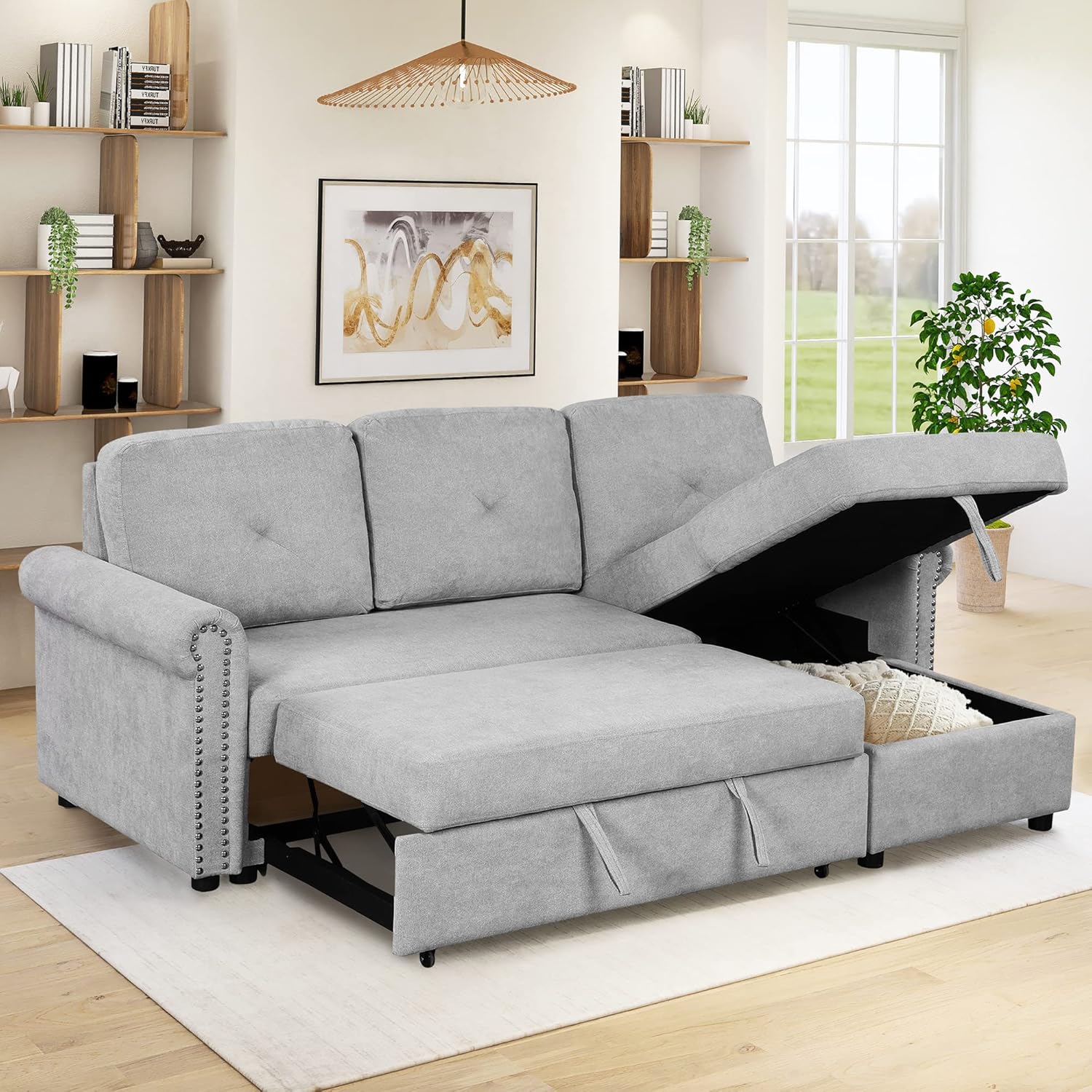 NicBex Pullout Couch Bed Modular Couch Convertible Chair to Bed Modern Convertible Sleeper Sofa Bed with Storage Chaise Suitable for Apartments, Dormitories, Studios, Offices, Gray