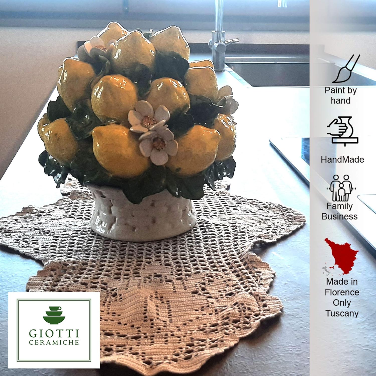 Italian Ceramic Lemons centerpieces for dining room table - 9 inches Tall Hand Made Centerpiece table decorations - Made in ITALY - Italian Pottery decorative fruit basket for kitchen with Lemon