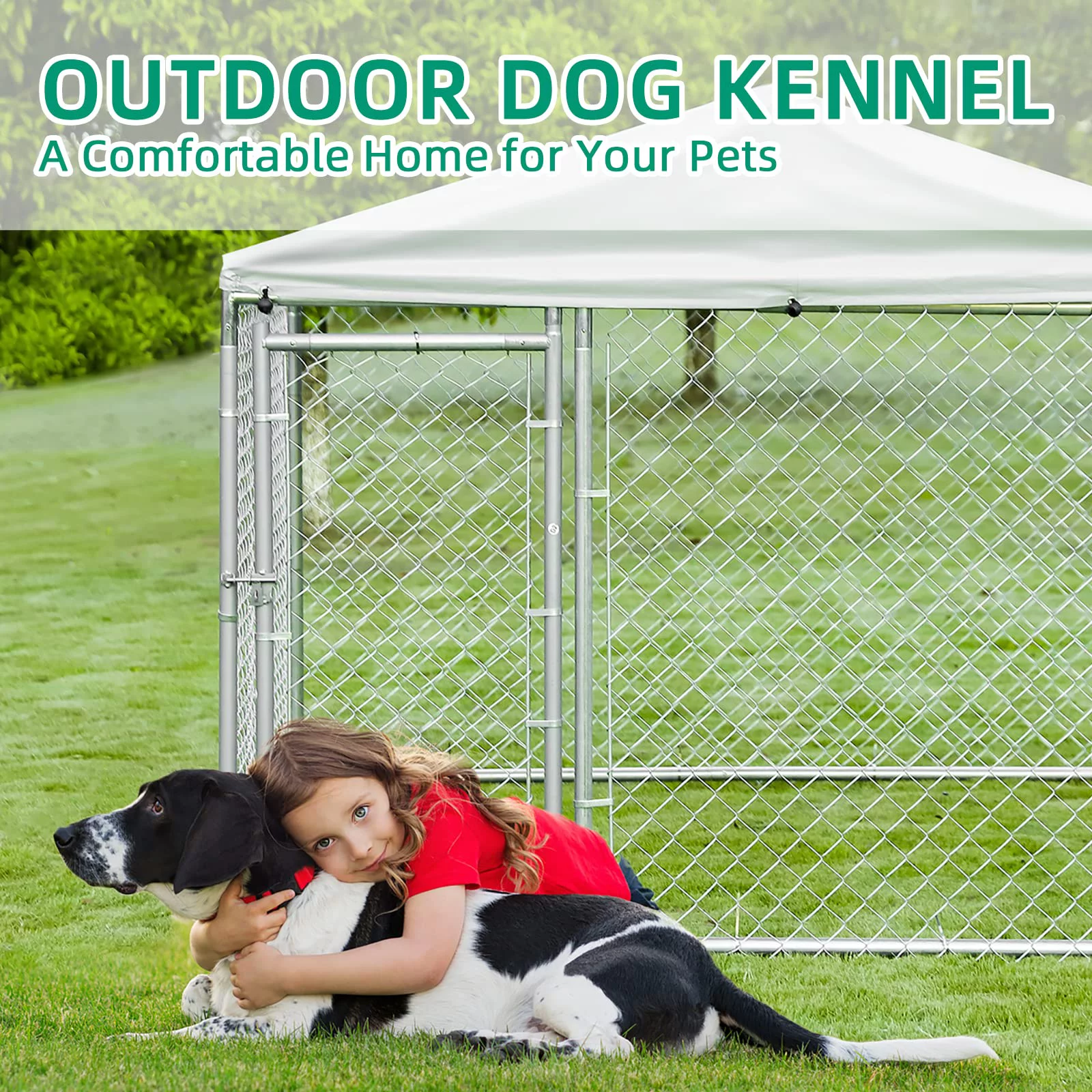 VIVIJASON Outside Dog Run House Pet Enclosure, Large Outdoor Dog Kennel with Galvanized Chain Link, Heavy Duty Pet Fence Cage with Fully Enclosed UV-Resistant Oxford Cloth Roof & Secure Lock