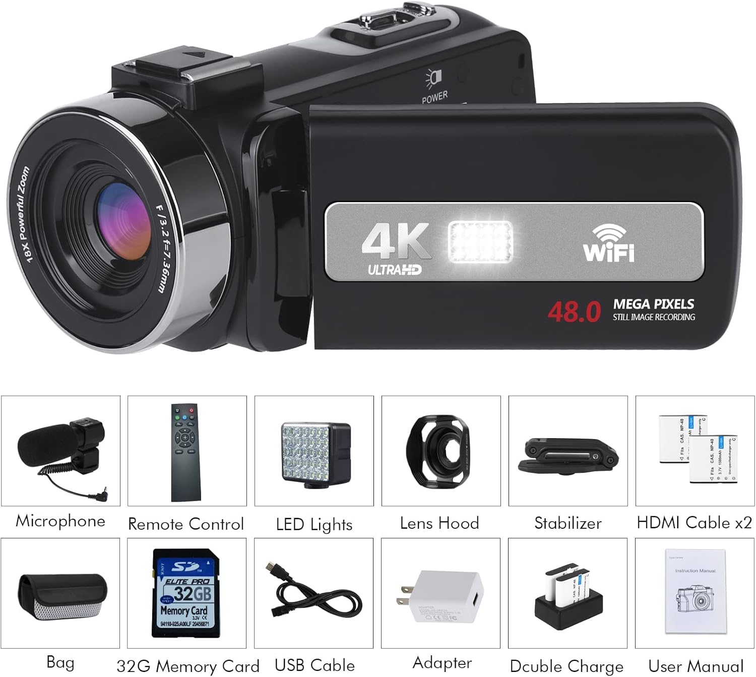 WIKICO Video Camera, 4K Camcorder 48MP 18X Digital Zoom Autofocus Camera for YouTube, WiFi IR Night Vision 3.0 Touch Screen Vlog Camera, with External Microphone, Lens Hood, Stabilizer, Fill Light