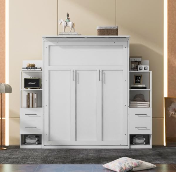 Queen Size Murphy Bed Wall Bed with 2 Side Cabinet Storage Shelf & Desk Combo,68-inch Vertical Wall Bedframe w/Can Be Folded for Bedroom Guest Room Small Space, White