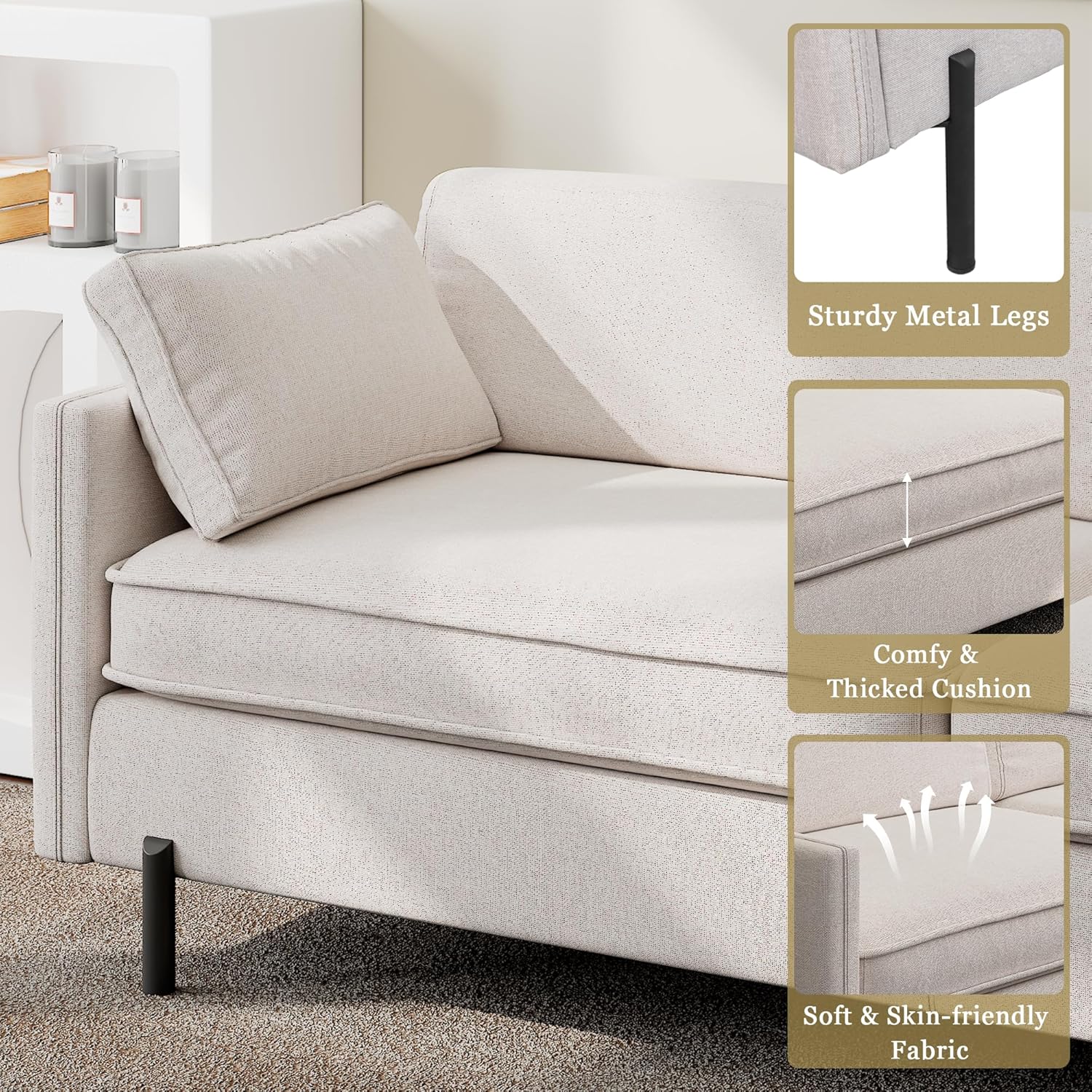 79" Comfy Sofa with 2 Pillow, Modern 3 Seater Linen Sofa Couch, Solid Wood Frame & Metal Legs, Perfect for Living Room, Bedroom, for Small Space, Sturdy & Durable, Easy Assembly, Beige