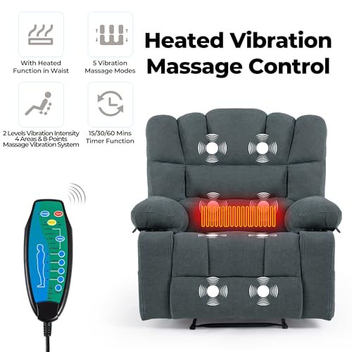 Oversized Recliner Chair for Adult, Plus Size 36.2" Extra Wide Seat Manual Chenille Recliner with Pockets, Ergonomic Massage Heated for Living Room Bedroom Home Threater Office Lounge (Grey)