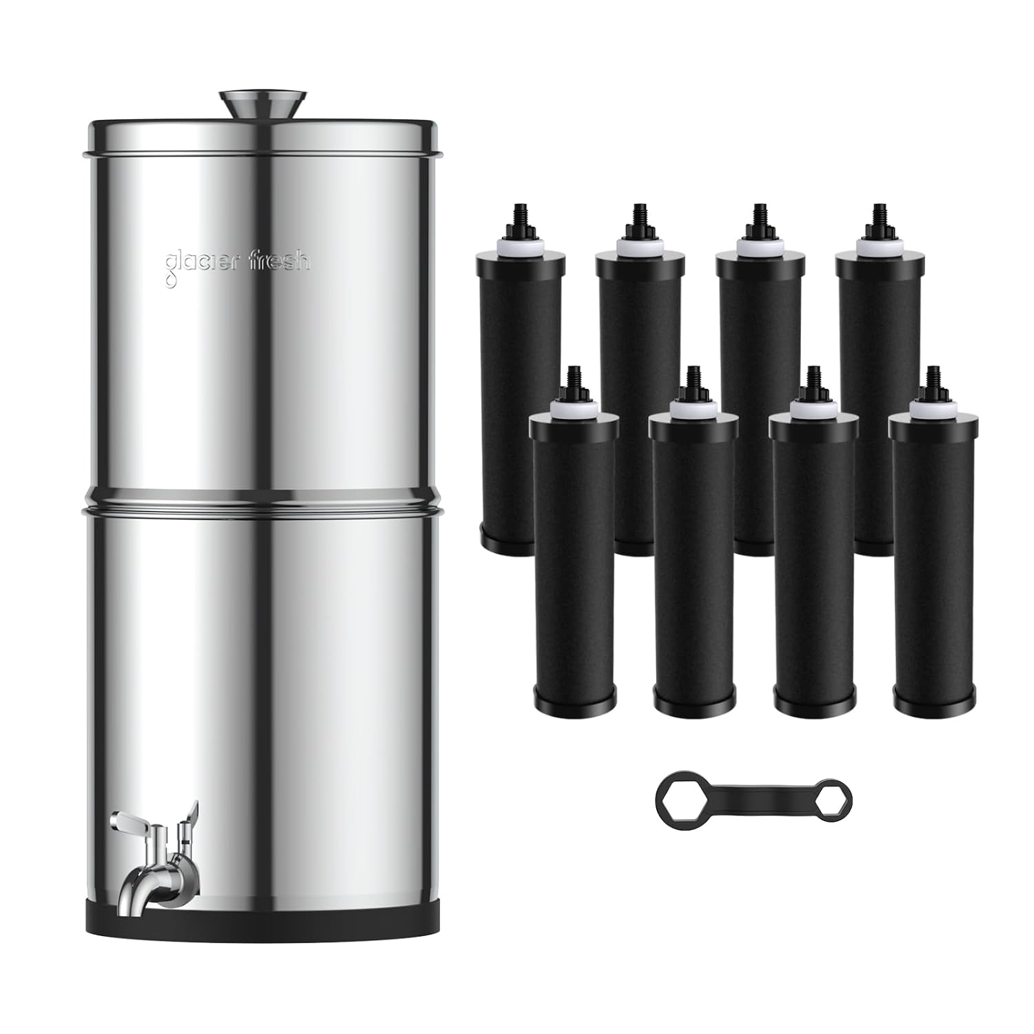 GLACIER FRESH Gravity-fed Water Filter System, 2.25G Stainless-Steel System with 8 Filters