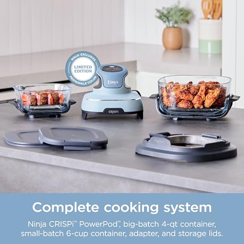 Ninja Crispi Air Fryer, Microwave, Freezer & Dishwasher Safe, Non Toxic Glass Portable Cooking System, 4 QT & 6 Cup Glass Containers with Storage Lids, Easy Meals, Air Fry, Bake, Green, FN101SG
