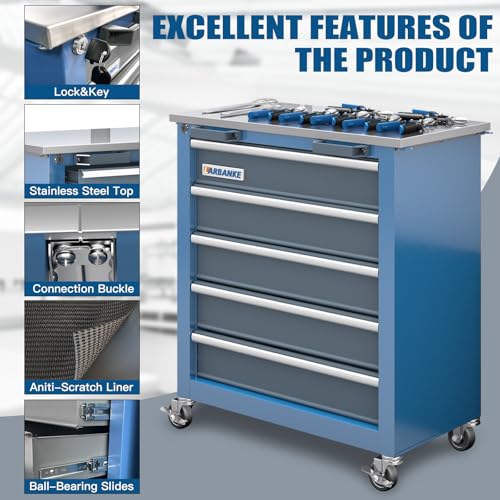 5-Drawer Tool Chest,Rolling Tool Chest on Wheels,Rollin Tool Cabinet with Locking System and Stainless Top, Tool Box with Drawer Liners,Special Link Buckle for Connecting Each Other