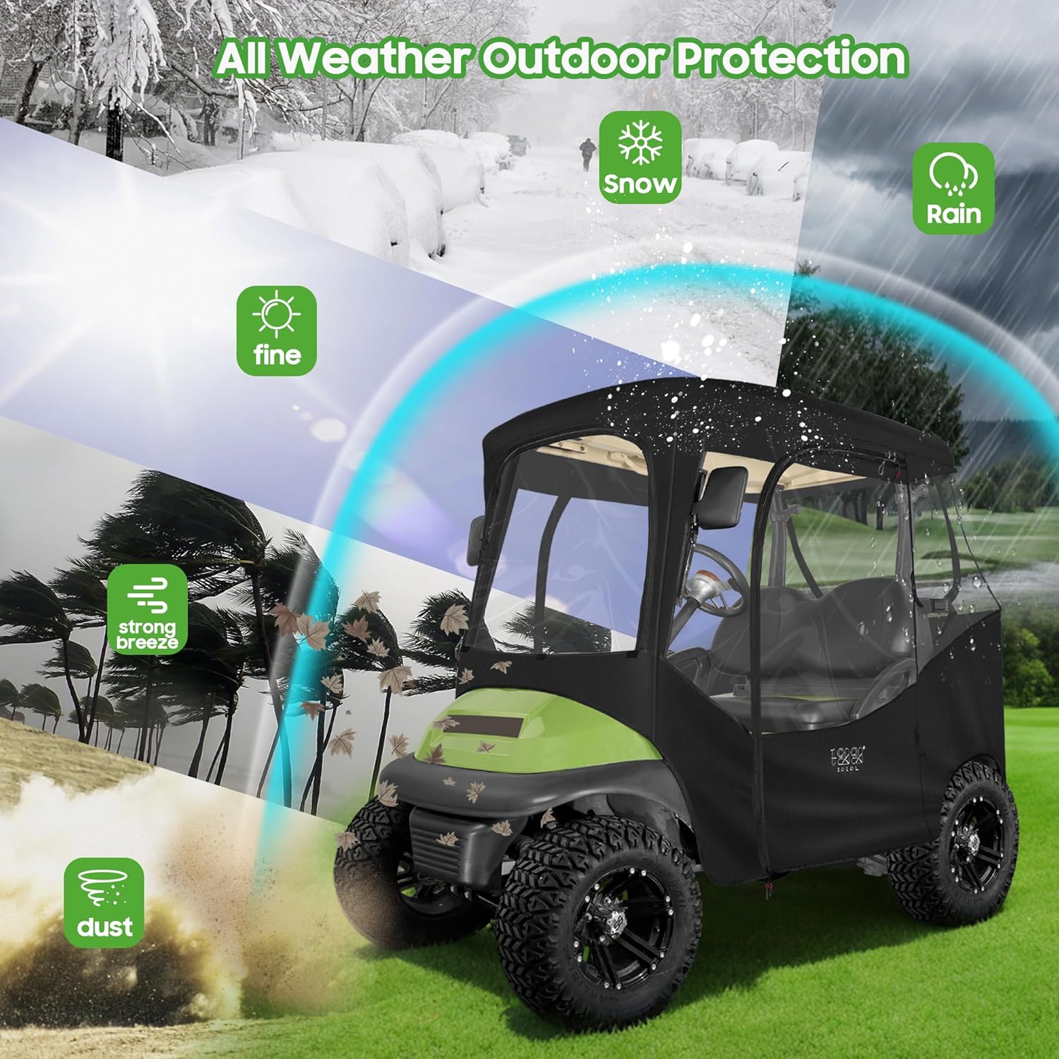 10L0L Golf Cart Enclosures 2 Passenger Club Car with Roll-Up Windshield for Club Car DS & Precedent All Weather Windproof Waterproof Rain Cover, 4-Sided Clear Window & Roll-up Zipper Door