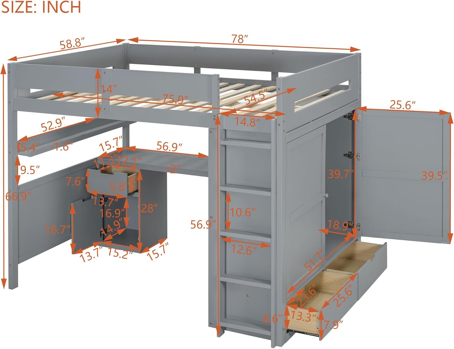 Full Size Loft Bed with Built-in Wardrobe and Underbed Study Desk, Modular Design Wood Loft Bed w/Storage Shelves, Ladder and Safety Guardrail for Kids Teens, No Box Spring Needed, Gray
