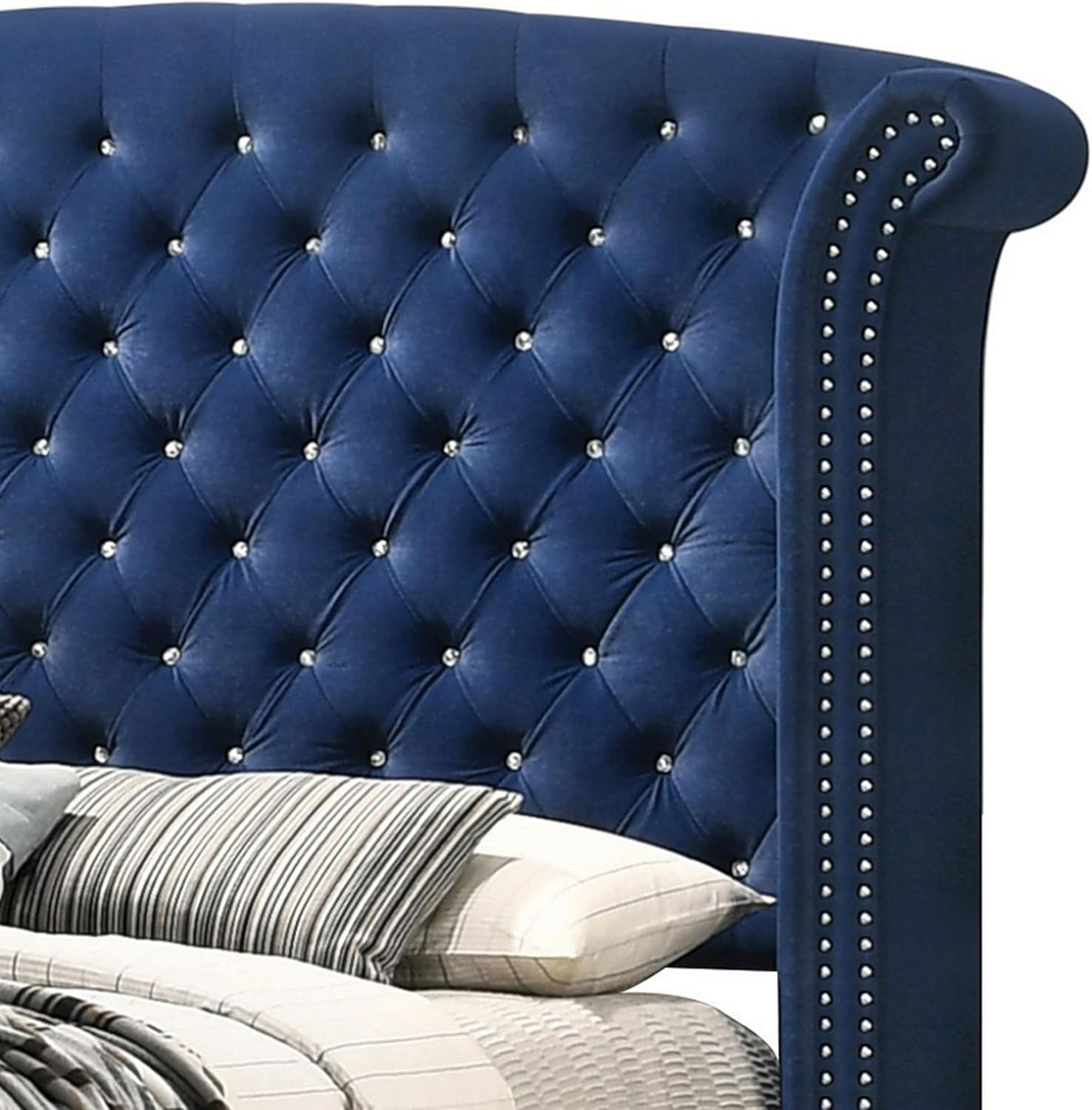 Benjara BM302868 Velvet Upholstery Tufted Headboard Giya Wingback King Size Bed Pacific Blue & Nickel