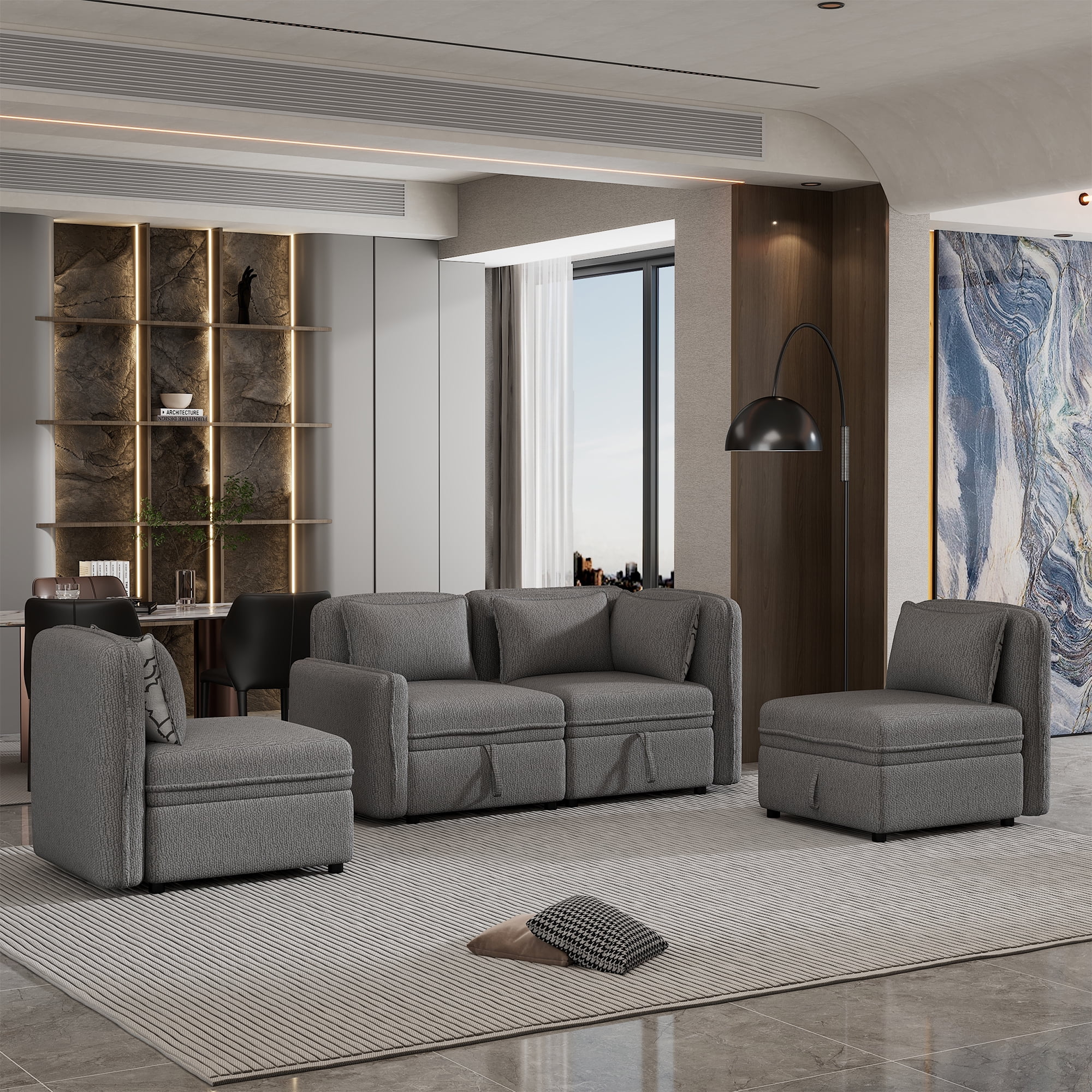 122.8" Convertible Modular Minimalist Sofa Free Combination 4 Seater Sofa Chenille Fabric Sectional sofa with 5 Pillows for Living Room, Office, Apartment, Small Space, Gray