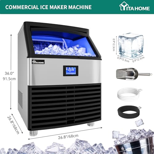 YITAHOME Commercial Ice Maker Machine Stainless Steel Ice Scoop, Blue Light, Freestanding Ice Machine for Home, Restaurants, Bars