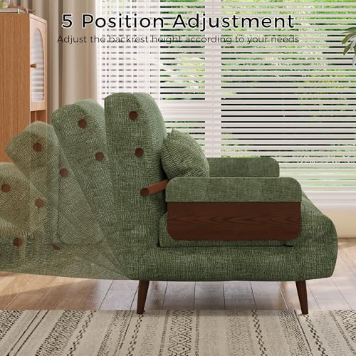3-in-1 Convertible Chair Bed Sleeper for Adults, Linen Convertable Sleeper Chair with Wooden Arms & Pillows, Foldable Single Futon Sofa Bed (Mid Century with Walnut Arm, 36.6" Wide)