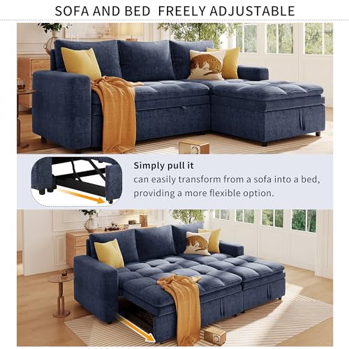 Convertible Sofa Couch with Storage Chaise, 3 Seat Sectional Sofa Set with Pullout Bed for Living Room, L-Shaped Modern Polyester Modular Sofa Sleeper for Office, Apartmen (Grey)