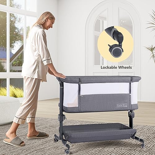 Kinder King Portable Baby Bassinet w/Carry Bag, Newborn Bedside Crib Sleeper, Adjustable Height, All-Sided Mesh Infant Travel Crib, Removable Mattress, Storage Space, No Tool to Assemble, Pink