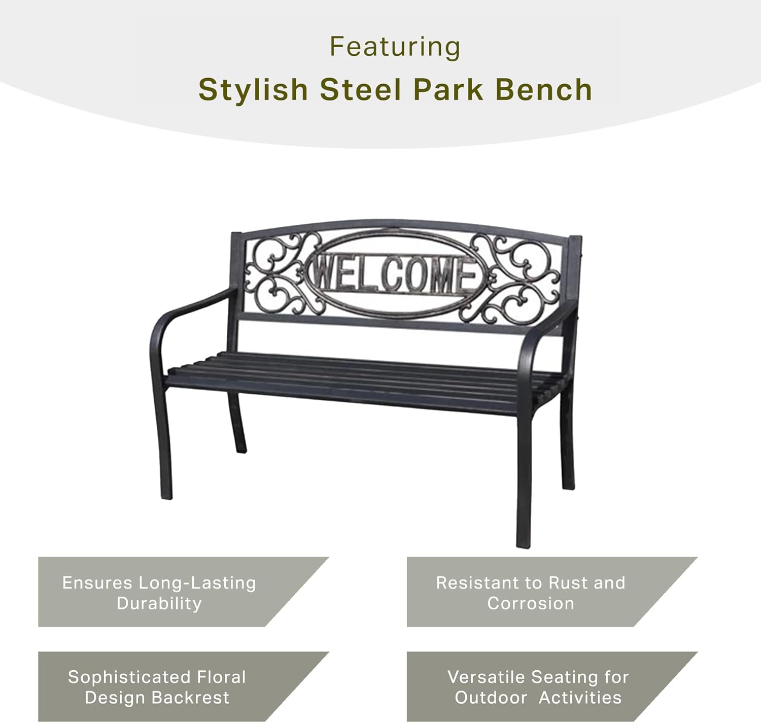 Welcome Outdoor Park Bench Powder Coated Steel Frame Furniture Seat for Backyard Garden, Front Porch, or Walking Path, Black