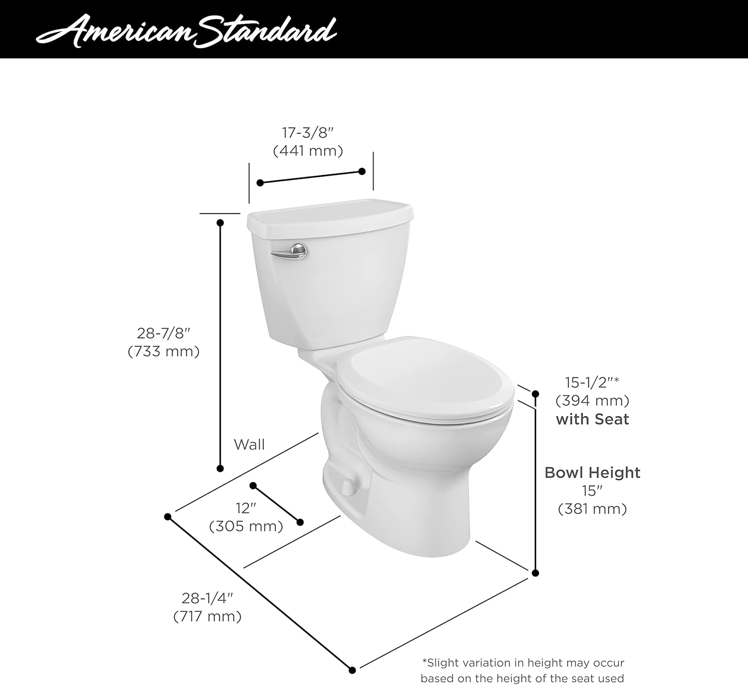 American Standard 270DA001.020 Cadet 3 Round Front Two-Piece Toilet with 12-Inch Rough-In, White