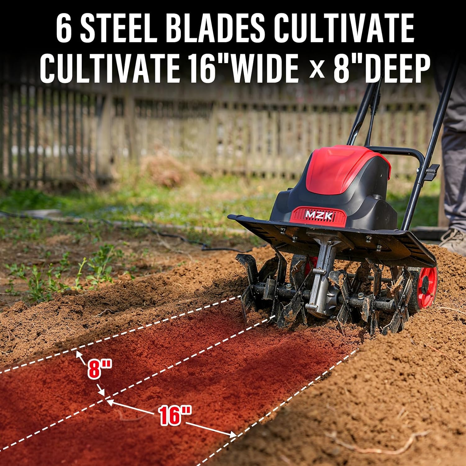 MZK 16-Inch 13-Amp Corded Electric Tiller/Cultivator, 8-inch tillling depth with Adjustable Wheels, Foldable Electric Rototiller for Garden Soil Digging