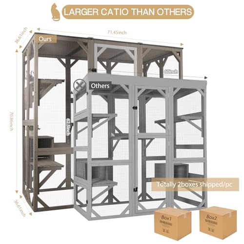 71" Catio Outdoor Cat Enclosure, Large Wooden Outdoor Cat House Kitty Catio Enclosure for Indoor Cats, Outdoor Catios Weatherproof Attached to Window Catio for Cats, 7Platforms-71 H