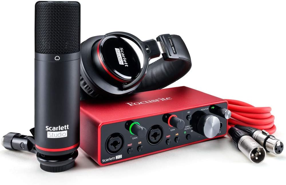 Focusrite Scarlett 2i2 Studio 3rd Gen 2-in, 2-out USB Audio Interface with Microphone & Headphones, MBS5000 Boom Arm with XLR Cable & Kellopy Pop Filter Bundle