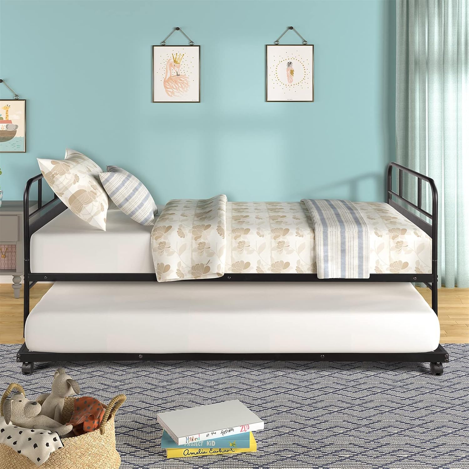 Metal Daybed with Trundle, Twin Size Day Bed Frame with Pullout Trundle, Heavy-Duty Daybed for Living Room Bedroom Kids Teens and Adults, Black