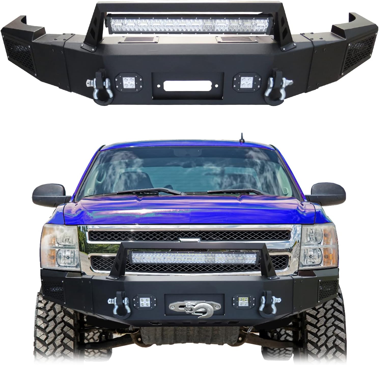 Ronghui Silverado Front Bumper Textured Black w/Winch Plate and 4x20W LED light and 1x144W Light Bar and 2xD-Rings for 2007-2013 Chevrolet Silverado 1500