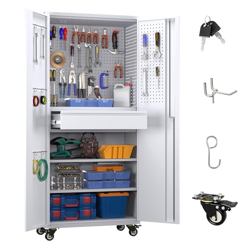 73" H Metal Storage Cabinet with Wheels, Garage Storage Cabinet with 4 Adjustable Shelves and Lockable Doors for Garage Home Office Utility Room,Required Assembly,Black