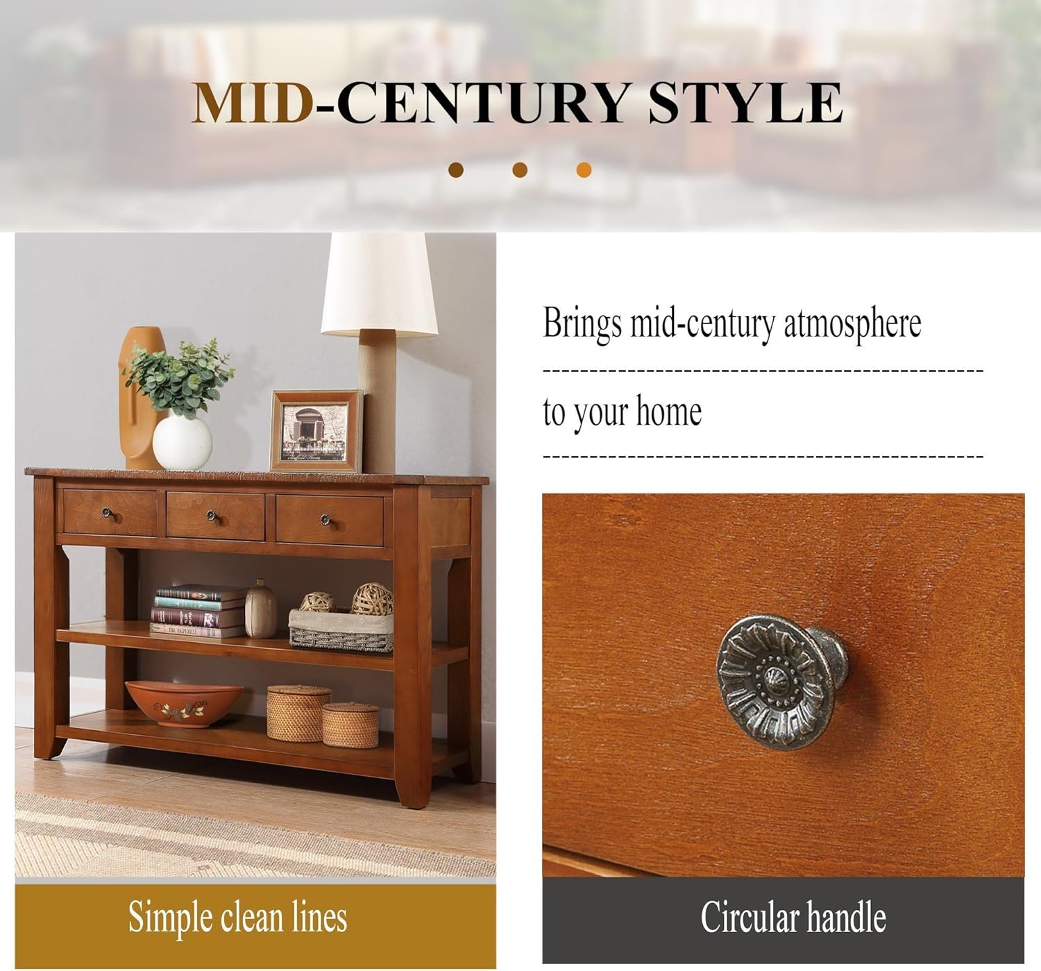 Knocbel Long Console Table with 3 Storage Drawers and Double Bottom Open Shelves,Wooden Sofa Tables Classic Retro and Modern Design for Entryway Entry Hallway Foyer,50" W x 16" D x 30" H,Brown