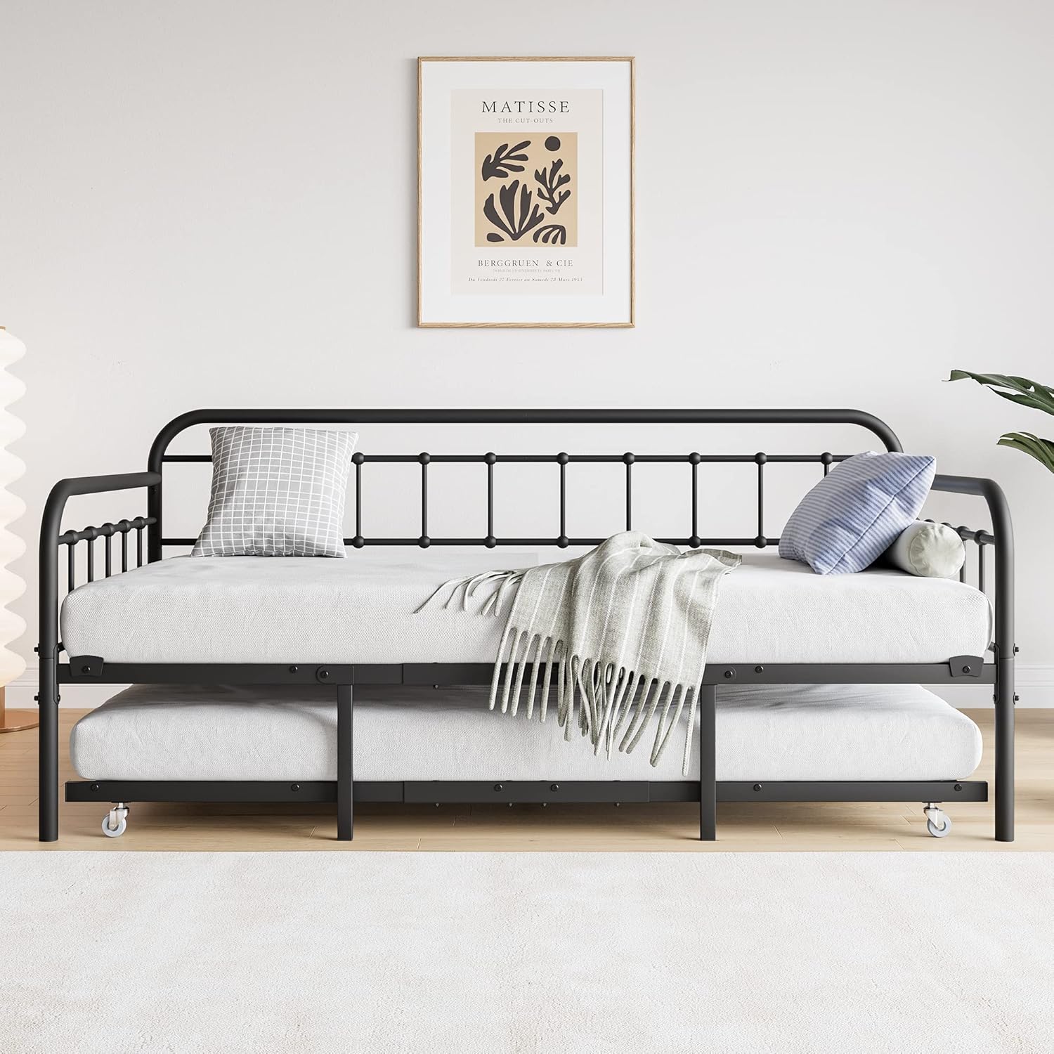 Twin Size Metal Daybed, Metal Day Bed with Trundle w/4 Esay-Glide Casters, Heavy Duty Steel Slat Support Sofa Bed with Headboard for Living Room Bedroom Guestroom, Noise Free, Black
