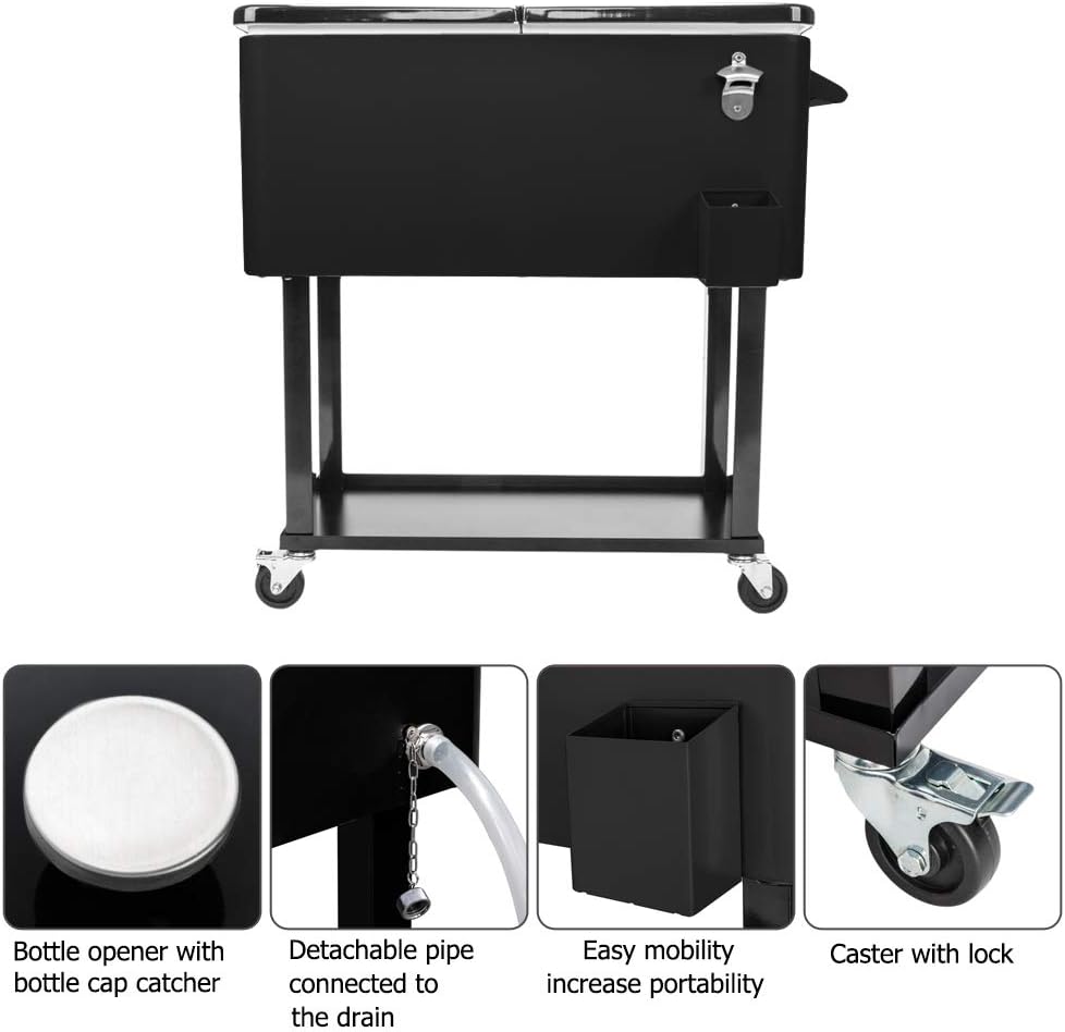 80 Quart Rolling Ice Chest, Portable Patio Party Bar Drink Cooler Cart, with Shelf, Insulated Rolling Cooler Cart with Bottle Opener, Mobile Cooler on Wheels, Rolling Cooler Cart