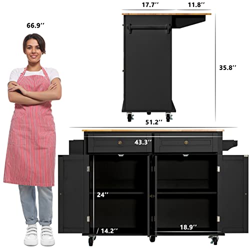 Rolling Kitchen Island with Drop Leaf – Movable Kitchen Carts on Wheels Island with Storage Cabinet, Island Table for Kitchen with Rubber Wood Top and Rack and Drawers, Matte, White