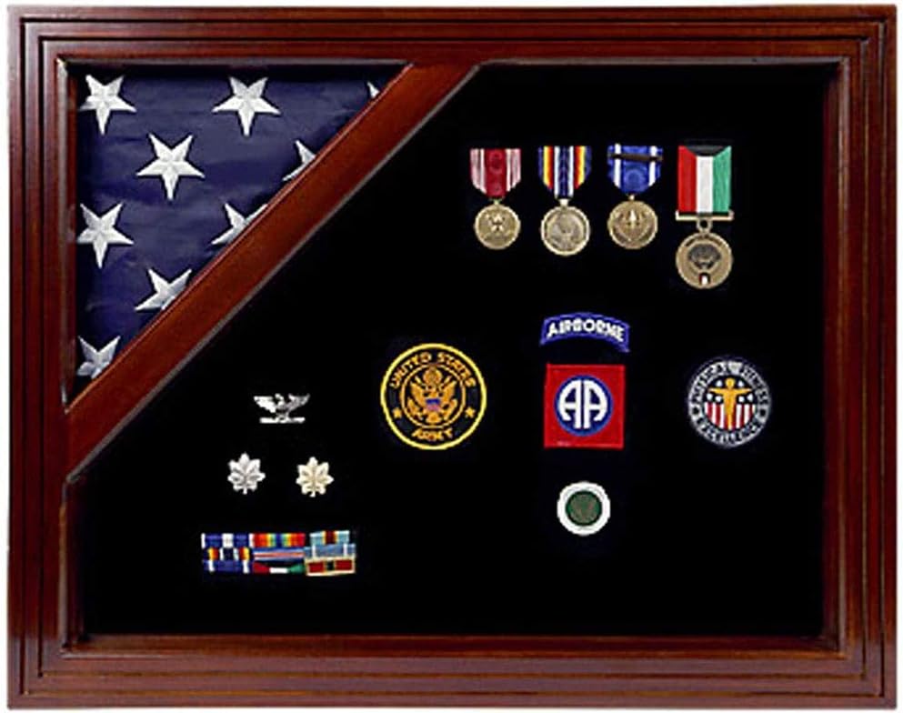 Military Award Shadow Box with Display Case for 3 x 5ft Flag - Felt in Black and Blue.