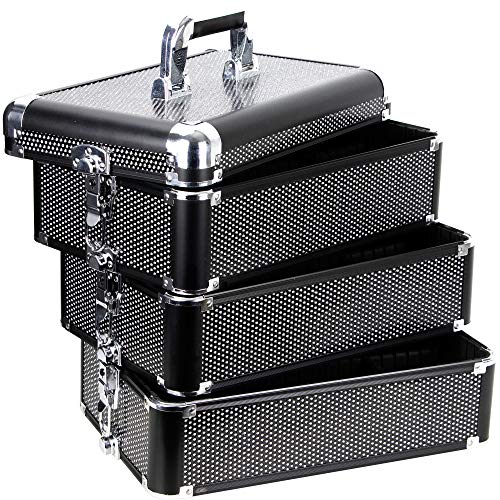Sunrise 5-in-1 Pro Rolling Aluminum Cosmetic Makeup Artist Train Case Organizer Trays Drawers Extra Lid, Black Krystal