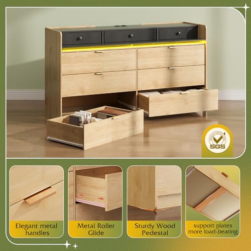WLIVE 9 Drawer Dressers, Modern Large Wood Dresser Chest for Bedroom Organize with Sturdy Metal Handle, TV Stand for 75 inch TV, Living Room Office, Hallway, Ball Bearing Slide, Grey Oak (63" W)