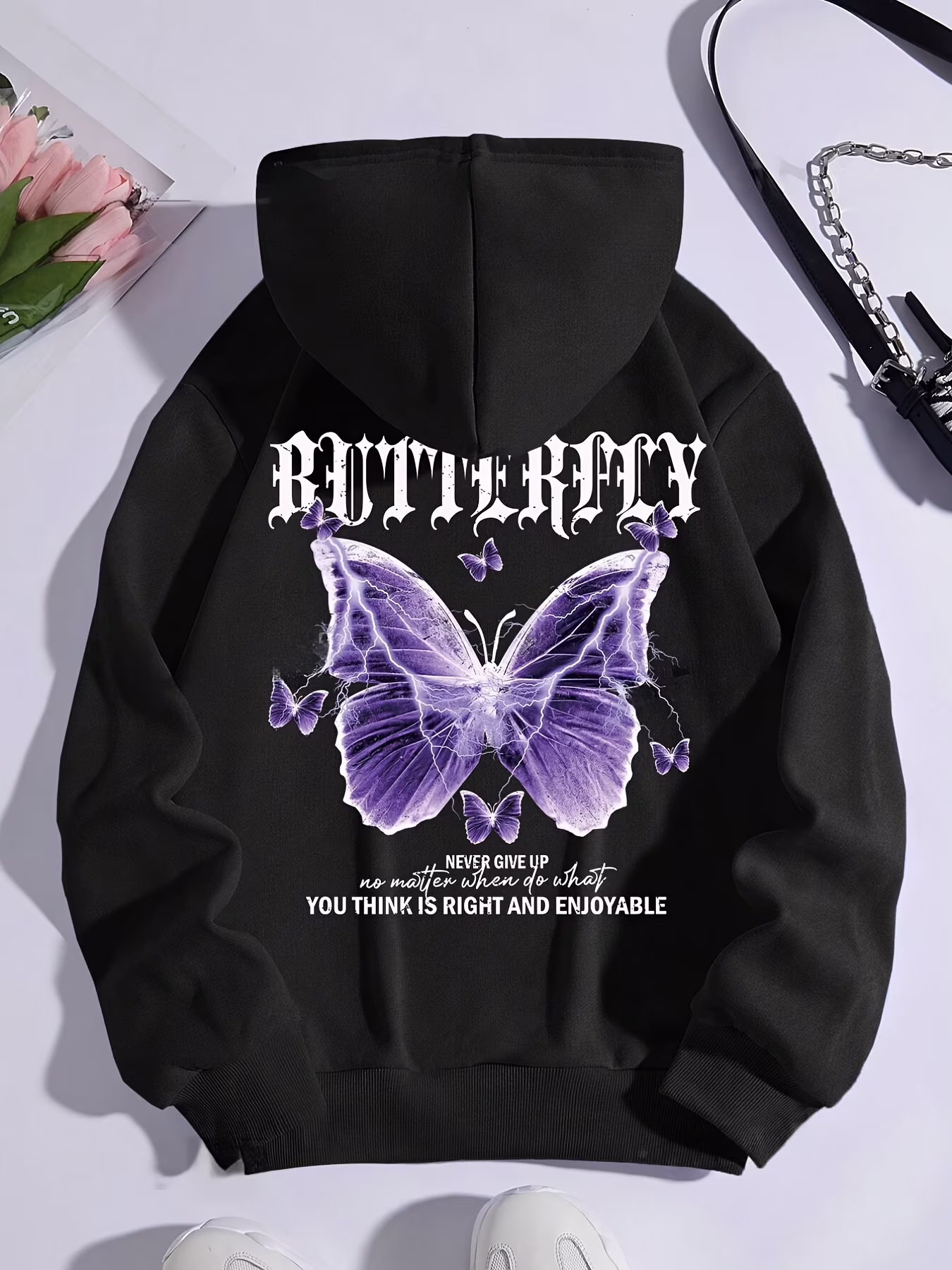 Women's Black Butterfly &amp; Slogan Print Thermal-Lined Hoodie - Motivational "Never Give Up" Graphic, Kangaroo Pocket, Drawstring Hood, Casual Streetwear, Machine Washable, Butterfly Hoodie