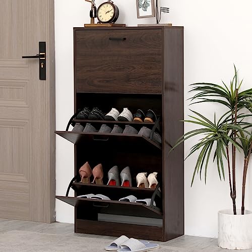 Farmhouse Shoe Cabinet, 2 Flip Drawers & Top Fence, Suitable for Entryways, Free-Standing Storage Shelves with Metal Legs, Narrow Shoe Organizer for Heels, Boots, Slippers, Walnut Brown