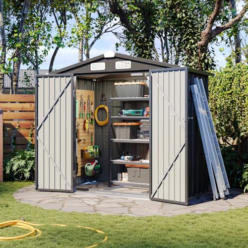 Aoxun 6x3.9 FT Shed with Base Metal Outdoor Storage Shed Garden Shed with Lockable Doors Tool Shed Bike Shed for Backyard, Patio, Poolside (Brown)