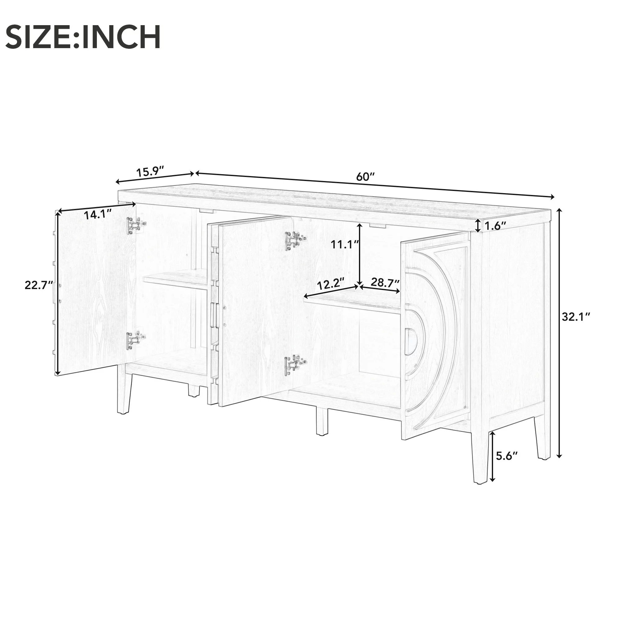 Accent Cabinet with 4 Doors, Wooden Buffet Sideboard with Adjustable Shelves, Modern Console Table, Storage Accent Cabinet for Kitchen Living Room Entryway Hallway, 60"L x 15.9"W x 32.1"H, White