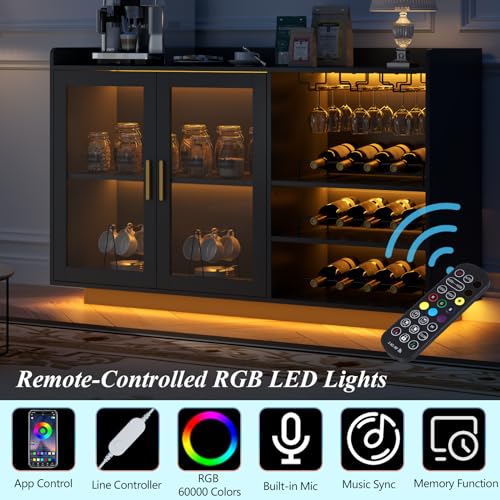 Loomie Wine Bar Cabinet with LED Lights, Floating Coffee Bar with Glass Rack and Removable Wine Racks, Modern Buffet Sideboard with Storage Shelves, Kithchen Bar with Glass Cabinet Doors, Black