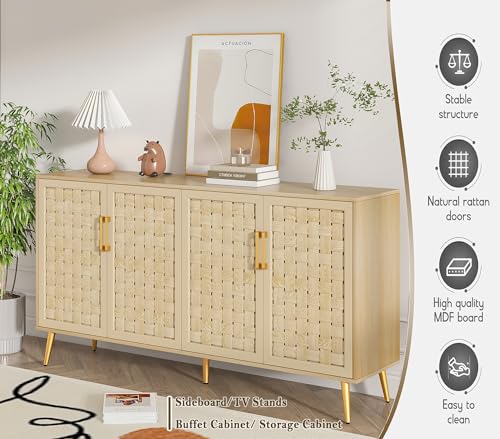 4 Door Rattan Storage Cabinet,Buffet Cabinet with Storage,Characteristic Cabinet w/Metal Legs and Handles,Cupboard Console Table,Sideboard Cabinet for Hallway,Entry, Living Room (Natural)