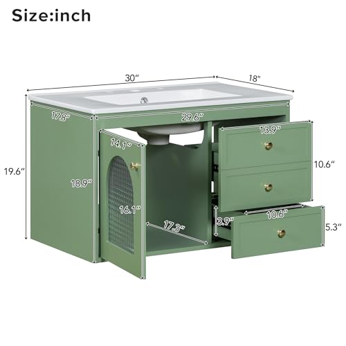 30inch Bathroom Vanity with Sink,Single Sink Bathroom Vanity with 2 Drawers and a Tip-Out Drawer,Easy Assmebly and Clean,for Bathrooms with Small Spaces(White)