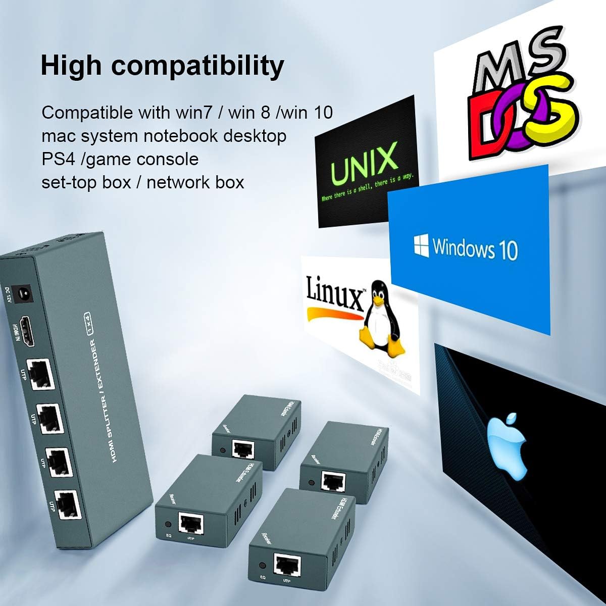 HDMI Extender Splitter 1x4, 1080P@60Hz, Extending 165ft (50m) Length Transmission Over CAT5e/CAT6/CAT7 Cable, 4 Channel Transmission Only 1 Power Adapter
