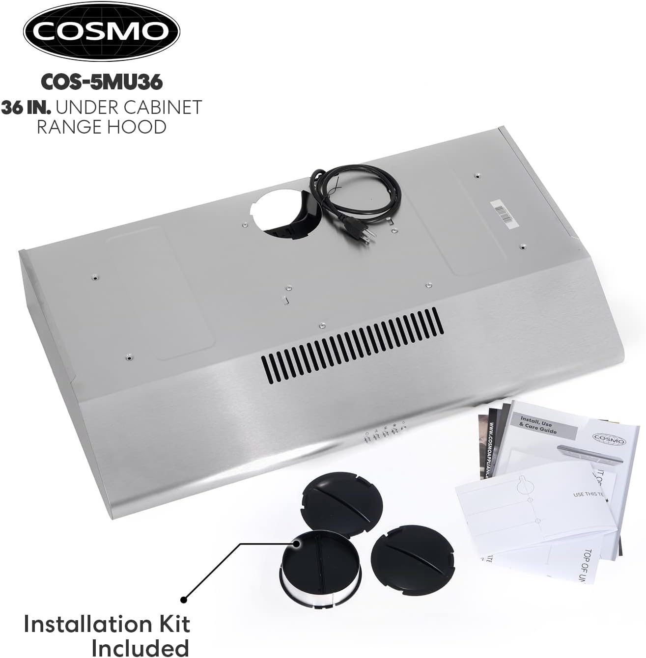 Cosmo COS-5MU36 36 in. Under Cabinet Range Hood Ductless Convertible Duct, Slim Kitchen Stove Vent with 3 Speed Exhaust Fan, Reusable Filter and LED Lights in Stainless Steel, 36 inch