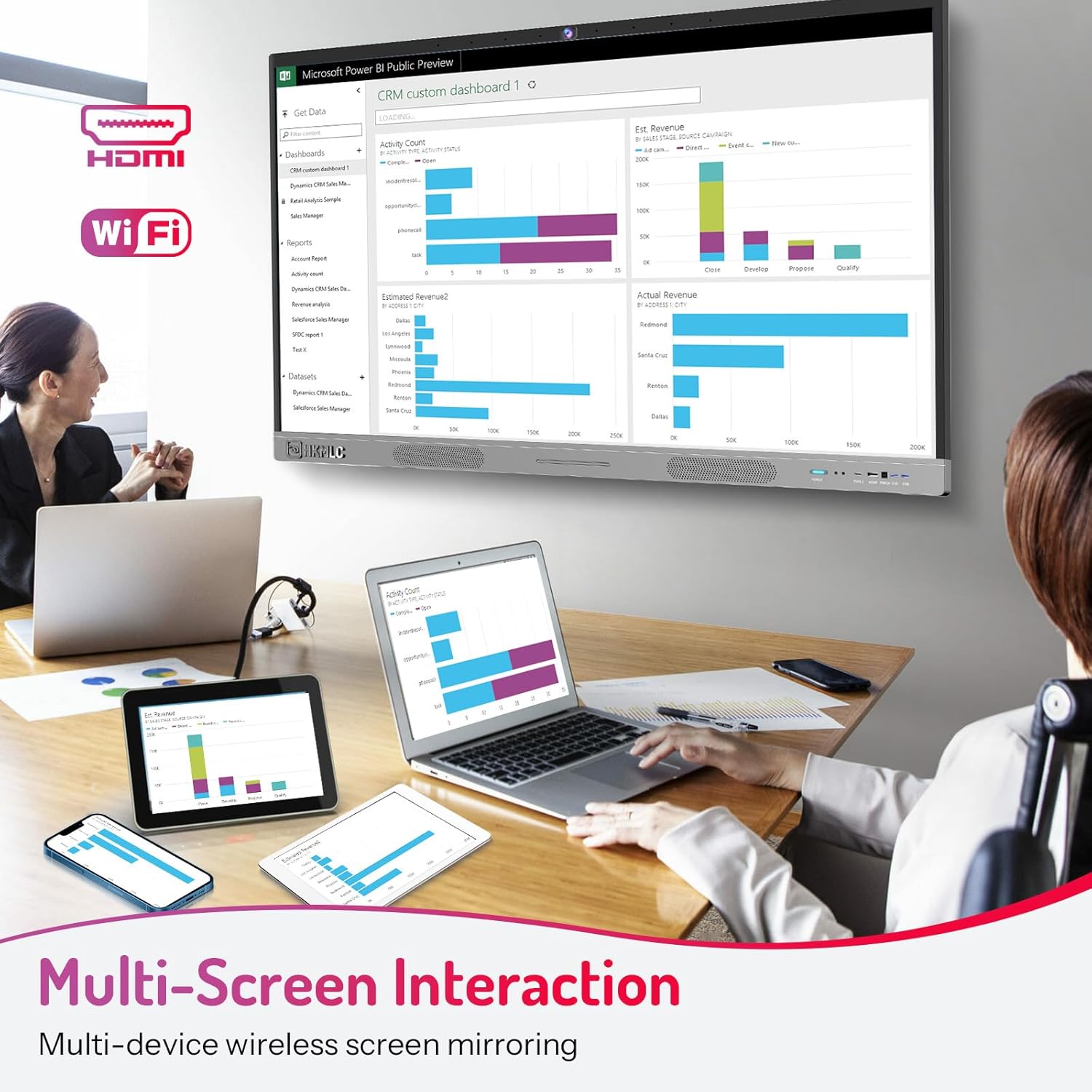 HKMLC Smart Board, 55" Interactive Whiteboard Built-in 4800MP Camera with Stand, All-in-One Digital Whiteboard with 4K UHD TouchScreen for Classroom Home Business Office