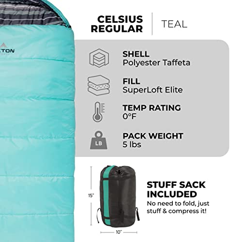 TETON Celsius Regular, 0 Degree Sleeping Bag, All Weather Bag for Adults and Kids Camping Made Easy and Warm Compression Sack Included