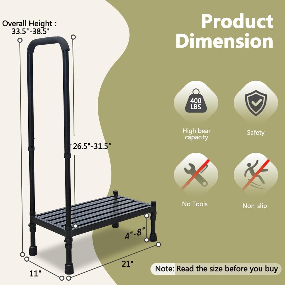 Medical Step Stool with Handle SUV Car Elderly Handicap Steps for RV Mobile Home with Handrail for Adults Seniors Bariatric Metal Stepping Stool Safety Step Assist Adjustable 300lb Foot Stool