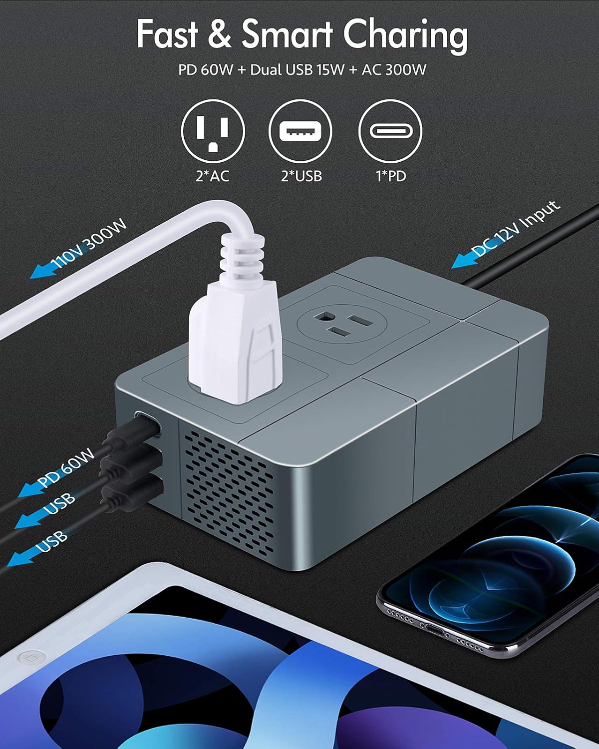 Pure Sine Wave Inverter by KOOSLA, 300W Power Inverter [��� �� ���-�] for Car DC 12V to AC 110V Car Plug Adapter Outlet Pack of 2