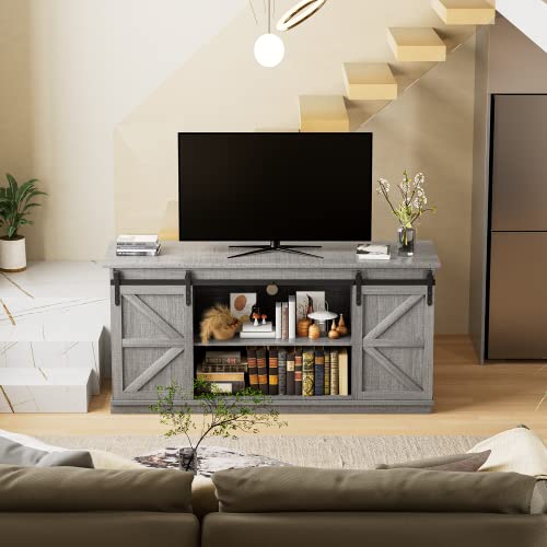 YESHOMY Farmhouse TV Stand for Televisions up to 65 Inches, Sliding Barn Doors and Storage Cabinets, Console Table and Media Furniture for Living Room, 58 Inch, Milk White