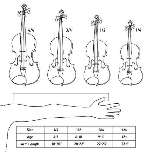 Mendini By Cecilio Violin - MV500+92D - Size 4/4 (Full Size), Black Solid Wood - Flamed, 1-Piece Violins w/Case, Tuner, Shoulder Rest, Bow, Rosin, Bridge & Strings - Adult, Kids