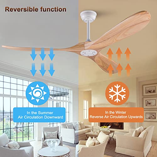 60 inch Ceiling Fans without Light, Solid Wood Ceiling Fan with Remote Control Modern Ceiling Fan no Light, Indoor Outdoor Ceiling Fans for Patios Living Room Bedroom Farmhouse Gazebo
